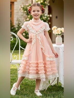 Pink Y2K Vintage-Inspired Lace Ruffle Girls' Dress